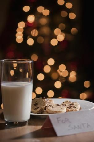чаша мляко и чиния с бисквитки за Санта
