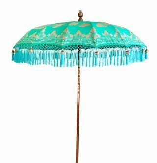 Градински чадър от зелен и златен памук с ресни