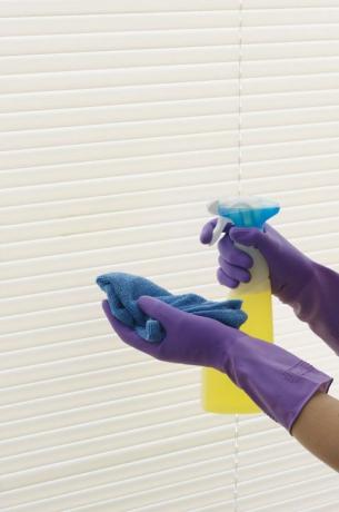 Чифт ръце в лилави гумени ръкавици за почистване на щори със спрей и кърпа